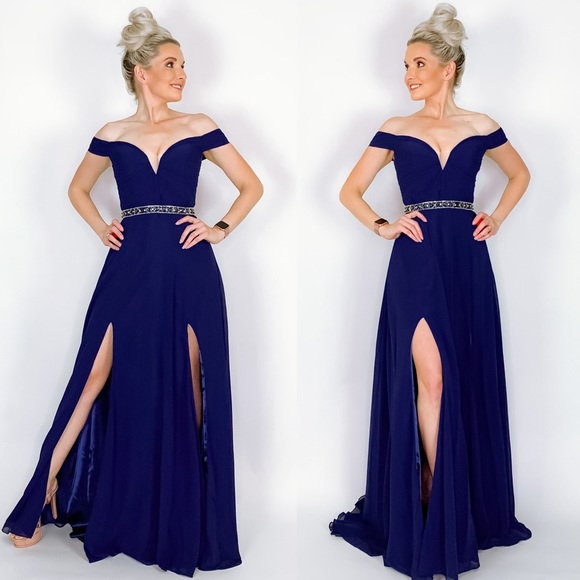 Blue Off Shoulder Prom Dress - Picture 4 of 8